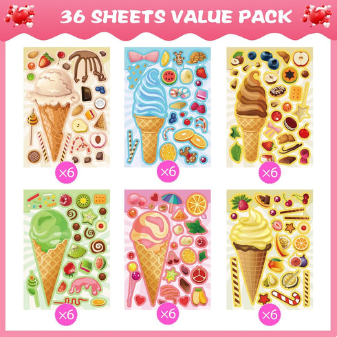 Ice Cream Party Kids Sticker Sheets: 36 Sheets Build Your Own Stickers, Mix and Match Ice Cream Decals