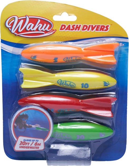 Wahu Dash Divers Pool Diving Toy Set, 5" Diving Sticks and 4-Piece Underwater Torpedoes for Kids