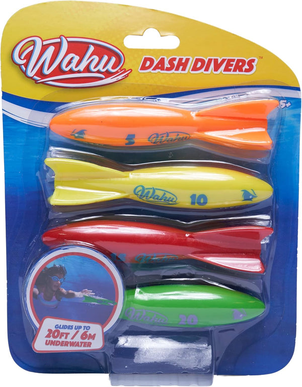 Wahu Dash Divers Pool Diving Toy Set, 5" Diving Sticks and 4-Piece Underwater Torpedoes for Kids