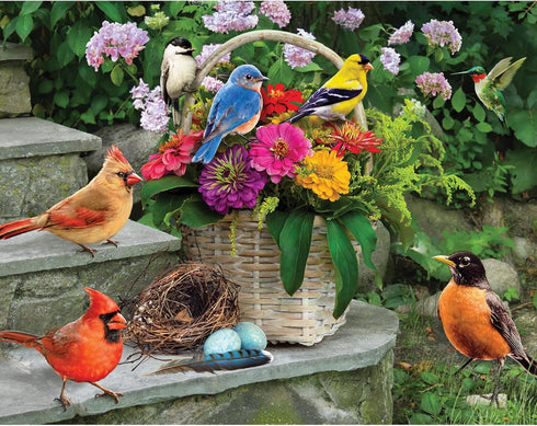 Bits and Pieces - 50 Piece Jigsaw Puzzle for Seniors - Birds on The Porch Steps - 15" x 19"