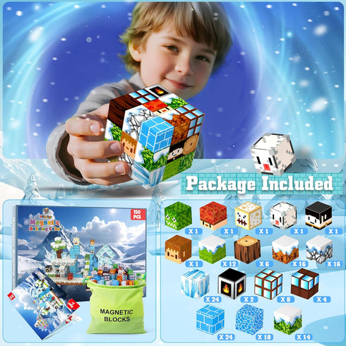 150PCS Set 3+ Magnetic Blocks-Magnetic Building Blocks Magnet Toys Stacking Snow Mountain World with Magnet