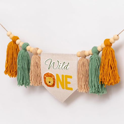 1st Wild One High Chair Banner - Lion Highchair Banner, Safari Animal Theme First Birthday Tassel Banner for Birthday
