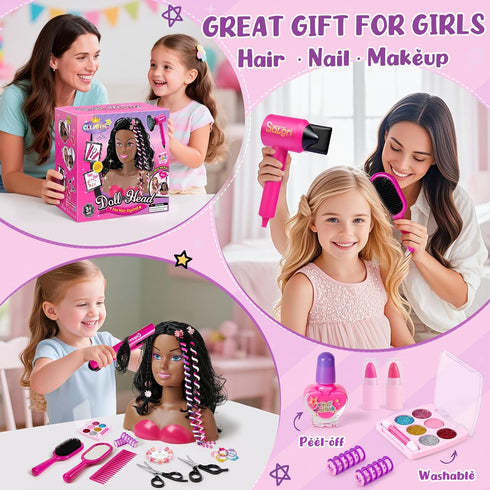 Cleboen 35PCS Playset 3 4 5 6 7 8+ Hair Styling Doll Head Makeup Kit for Girls Toys, Kids Hair Salon Pretend