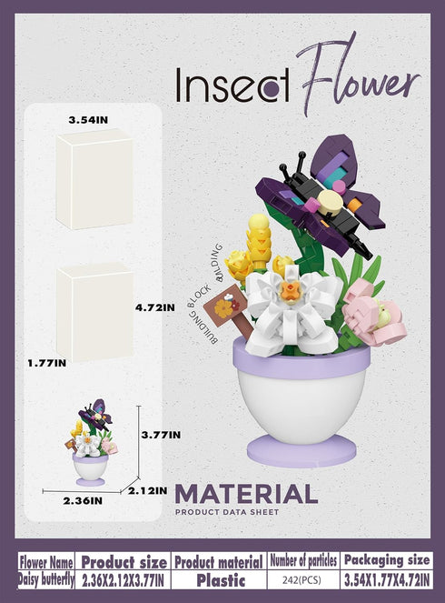 Sacblirr Mini Flower Bonsai with Cute Insects Daisy Butterfly - DIY Potted Plant Building Blocks for Kids and Adults