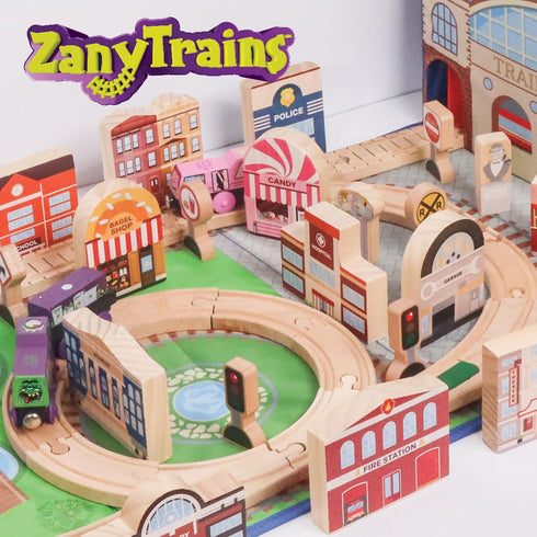 Train Storage Bin and Play Mat - Wooden Railway Take-Along Storage Box with Train Tracks Design - Two in One