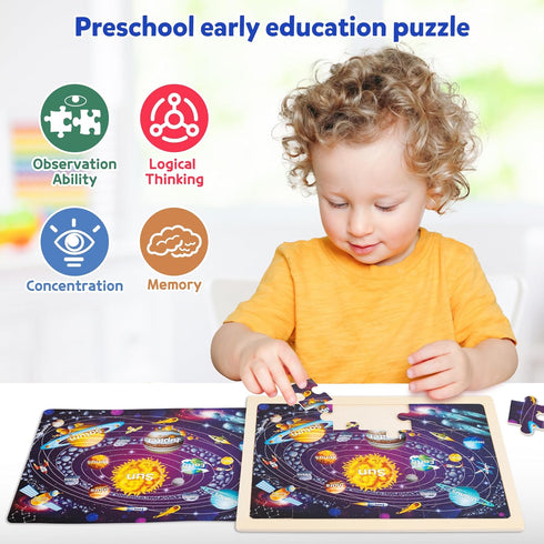 SYNARRY Large US World Earth Solar System Wooden Puzzles for Kids Gift Box(12.2*9.4 in) - FSC Certified, Puzzles for