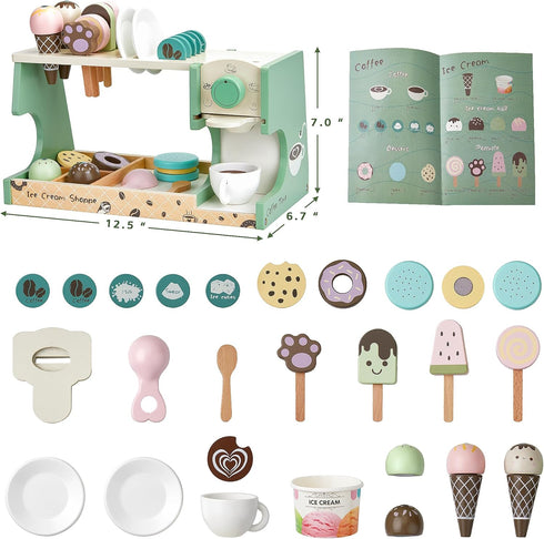medoga 3-in-1 Counter 28 3 4 5 6 Wooden Ice Cream Toy, Ice Cream with Coffee Maker PCS Toddler Pretend Play Kitchen