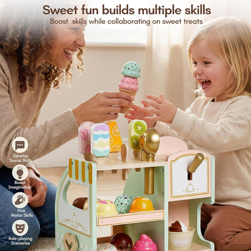 Set, 3+, Giant bean Wooden Ice Cream Play with Drop-Down Dispenser, Play Kitchen Accessories with Cones, Popsicles