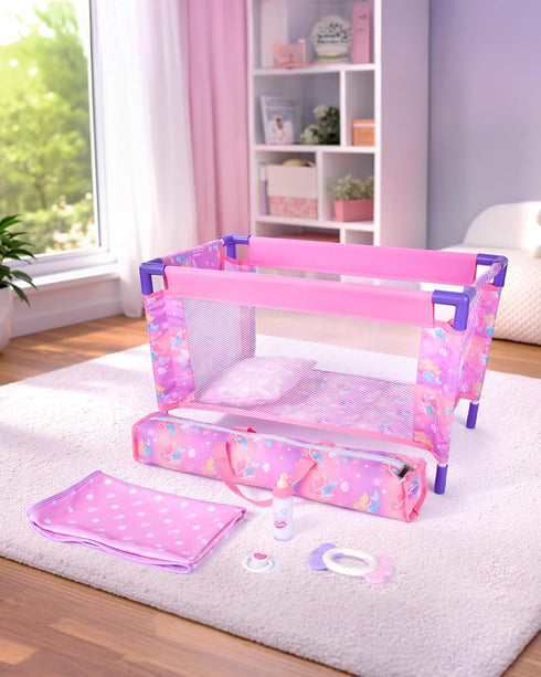 Playset 18 Inch BABESIDE Baby Doll Crib with Bedding & Accessories, Portable Baby Doll Crib for Dolls, Pretend Play