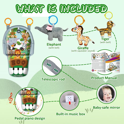 Car Seat Toys for Baby 6 to 12 Months, Musical Pedal Piano, Baby Travel Toys with Mirror and Squeaky Animal Toys