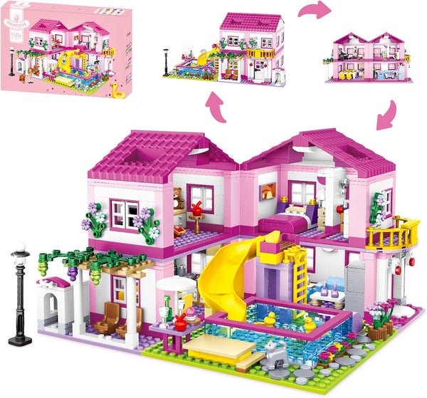 CSNRHG Pink Summer Pool Villa Building Block Set Friends Construction Educational Toy 1018
