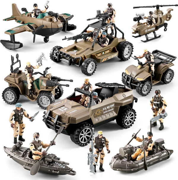 HOSPONY 56-in-1 Army Men Toys for Boys 4-7 6-8 8-12, Military Truck/Helicopter/Kayak Boat/Motorcycle/Army