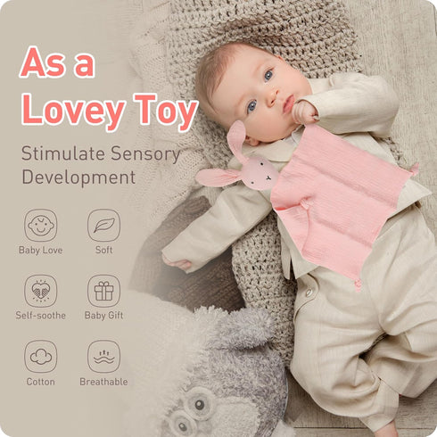 Organic Cotton Bunny & Lion Loveys, Soft Breathable Newborn Security Blanket, Neutral Muslin Fabric, Perfect Present