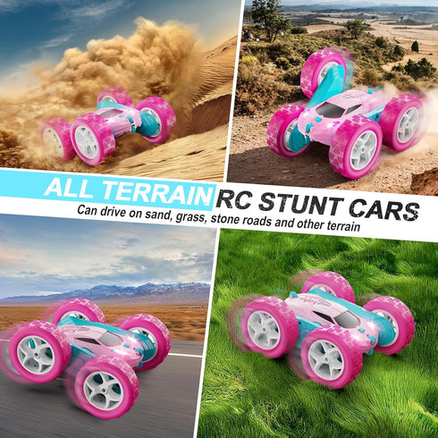 2.4 360 6 7 8 9 10 11 12 QUNREDA RC Cars, Pink Remote Control Car for Girls, GHZ Double Sided RC Stunt Car Rotating