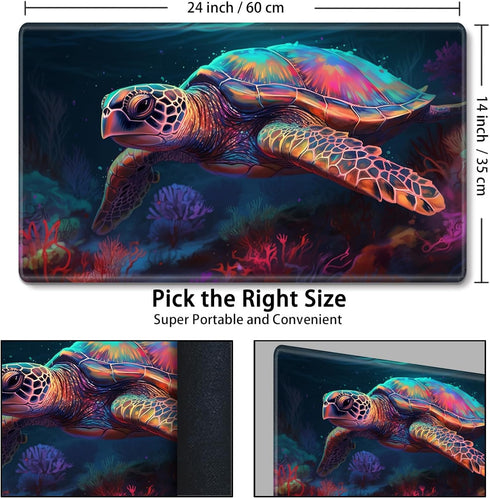 MTG Card Playmat with Magic Zone, Non-Slip Game Play Mat for TCG, 24 x 14 inches, Colored Turtle