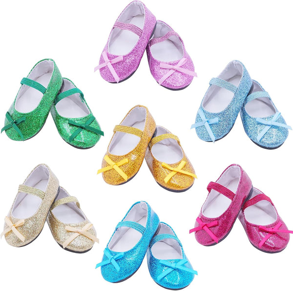 7 Pairs of Glitter Doll Shoes for 18 Inch Dolls, Sparkle Princess Accessories
