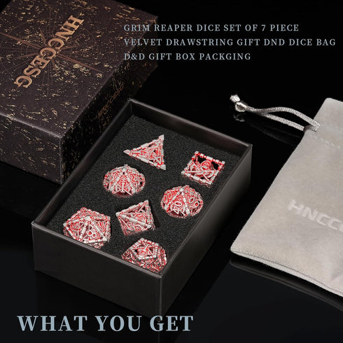 HNCCESG DND Hollow Polyhedral Dice Set, Red White Grim Reaper Metal 7Pcs with Gift Box for Tabletop Game