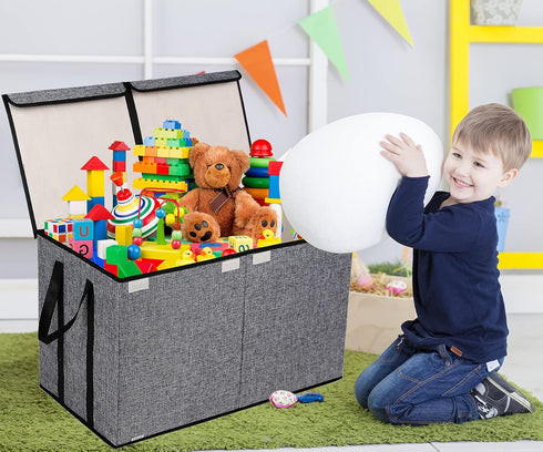 26.8"x13.8"x16"(Grey) YOLOXO Large Kids Toy Box Chest Storage organizer with Double Flip-Top Lid - Collapsible Sturdy