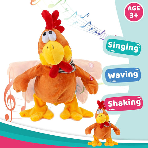 13" Cuteoy Squawking Chicken Musical Stuffed Animal Plushies Walking Singing Waving Rooster Electronic Interactive
