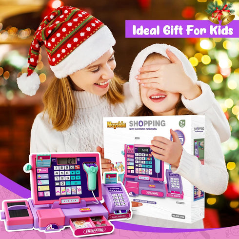 Upgraded Kids Cash Register Toy for Boys Girls, Toddler Pretend Play Cashier Register with Shop Accessories, Calculator