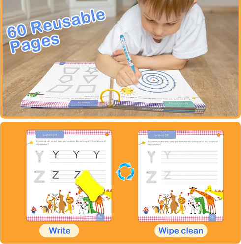 60 3 4 5 Preschool Learning Activities Reusable Pages, Tracing Letter Number Handwriting Practice Book for Kids