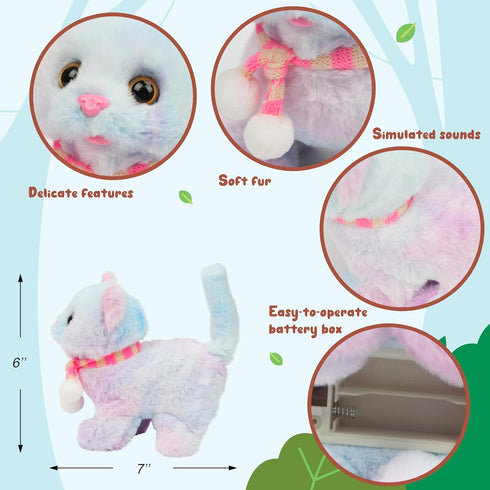 Easfan Walking Kitty Plush Toy, Electric Interactive Rainbow Cat Stuffed Animal, Meowing Kitten Pet Toy for Kids