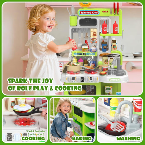 Playset, 36.22'' 1-3 Set 3 4 5 DRAMATION Kids Kitchen Play Kitchen for Toddlers with Steam, Sound & Light, Cooking