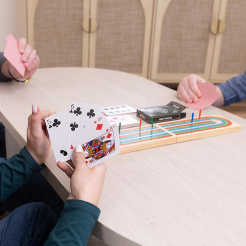 Elbow Set, 9 2-3 Room Games Cribbage Folding Wooden Board with Colored Pegs and Poker Playing Cards, Portable Travel