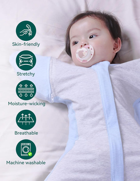 2-Way BABELIO Detachable Zip Sleeves Swaddle Temp-Sensing Baby Transitional Swaddle Arms Up Zipper Sleep Sack Soft Blue