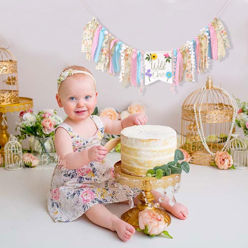 LINLULU 1st Wild flower High Chair Banner - Girls WildOne Birthday Decoration, Floral Theme Highchair Banner, Our