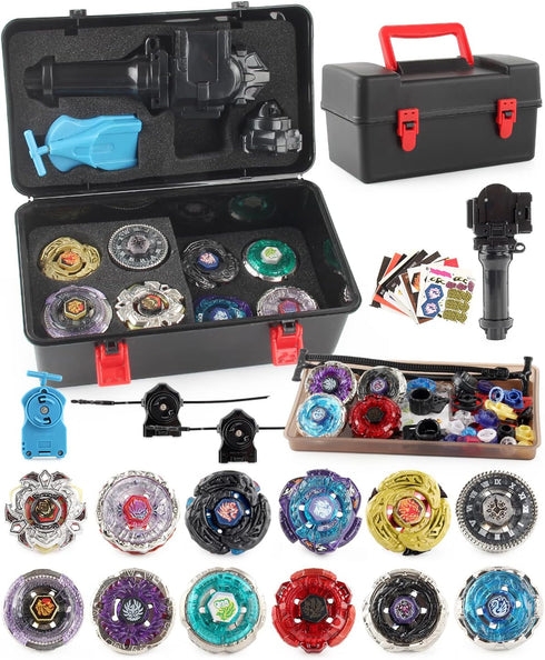 Bey Battling Top Toy Blade Set - 12 Spinning Tops, 3 Launchers, Metal Fusion Gyro Game with Portable Storage Box