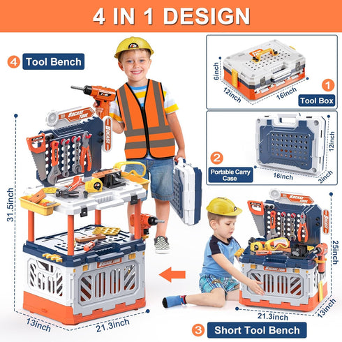 Kids Tool Bench - 4 in 1 Toy Workbench with Storage Box, 90pcs Electric Drill Tool Set for Ages 3-8