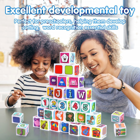 PLAY ABC Building Blocks for Toddlers 1-3, 28 PCS Plastic Baby Alphabet Letters Number Stacking Blocks Set