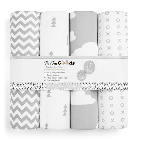 BaeBae Goods Set 4 Pack 100% Premium Bassinet Fitted Sheet - Jersey Knit - Grey and White - Chevron Pattern - Standard