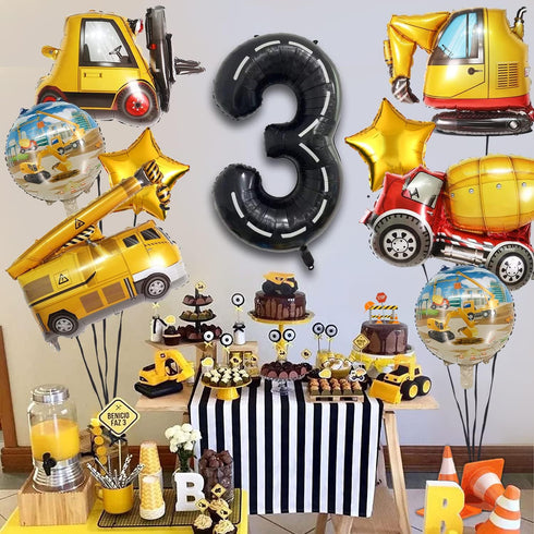 DUNSEO 3rd Construction Truck Balloons for Boys Birthday Party Supplies - Tractor Themed Decorations and Favors