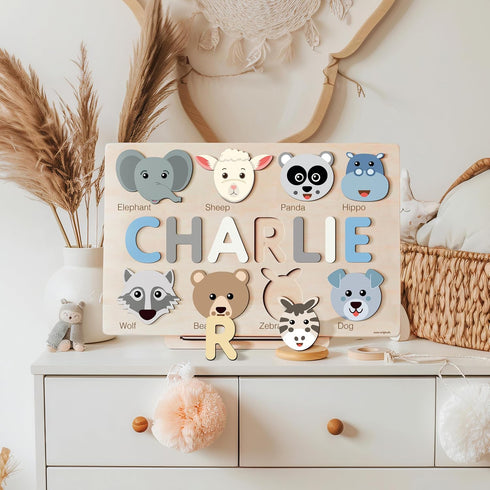1-3 1st Zuzu Puzzle Personalized Name Puzzle for Toddlers with Animals, Handmade Learning Toy, CPC Certified, Keepsake