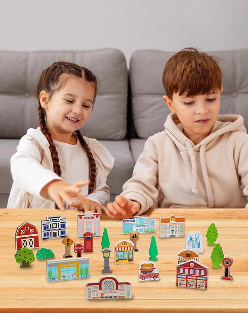 30 Set, Community SainSmart Jr. Pcs Wooden Town Play Wooden Train Accessories, Helpers Toys for Preschool Learning |