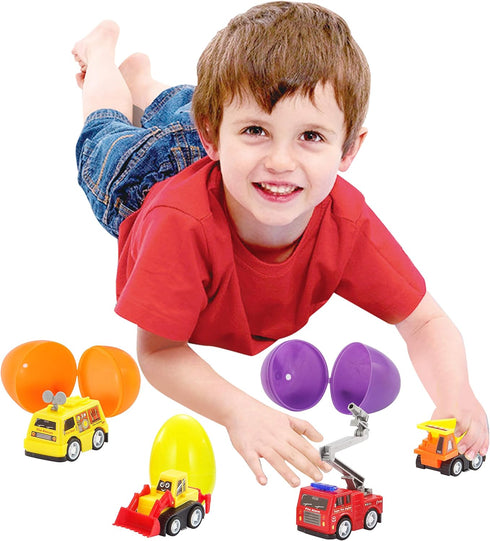 24 JOYIN Pcs Filled Easter Eggs with Pull Back Construction Cars, Prefilled Easter Egg with Vehicle for Kid Boys