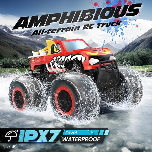 DEERC 1:16 Amphibious RC Monster Trucks, IPX7 Waterproof Remote Control Car, 4WD Dual Motors All Terrain Toys for Kids