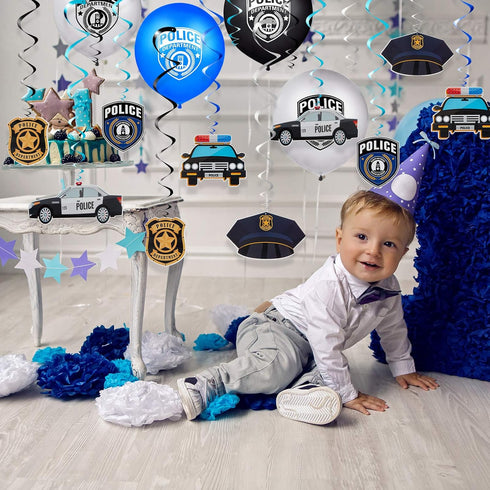 Sumind 32 Pieces Police Party Decorations Set - Police Academy Graduation Party Swirls with 20 Balloons, 2 Banners
