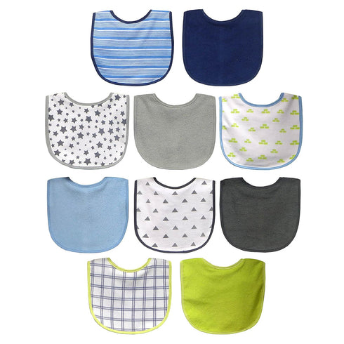 Neat Solutions 10 Pack Water Resistant Bib Set in Blue/Grey Assorted, 10 Count, 0+ Months