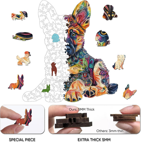 500 Game,18.42"x17.3" Ruikiyart Wooden Puzzle for Adults Pieces,Unique Dog Shaped German Shepherd Puggy Jigsaw Puzzles