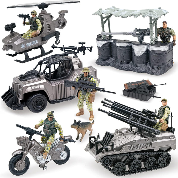 US Army Men Action Figures with Military Vehicles Playset, Toy Soldiers with Trucks, Helicopter for Kids