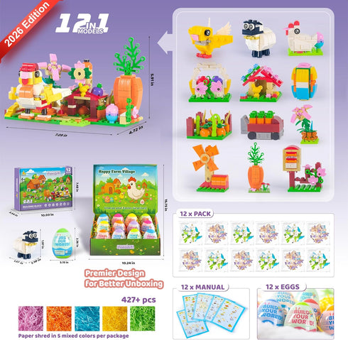 2026 Set -12-in-1 6+, New Easter Gifts Building for Kids Happy Farm Village Building Toy with Prefilled Eggs, Easter
