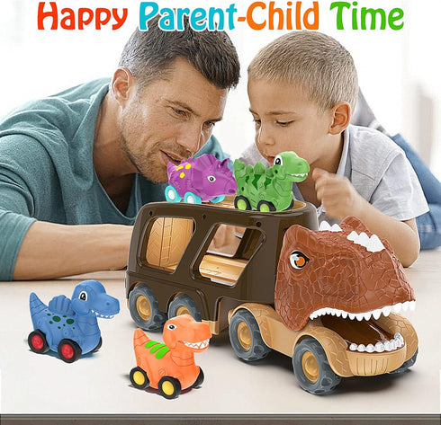 2 3 4 5 4 Pack 18+ Veslier Dinosaur Car Toy for Years Old Boys, Friction Power Carrier Truck with Small Pull Back Dino