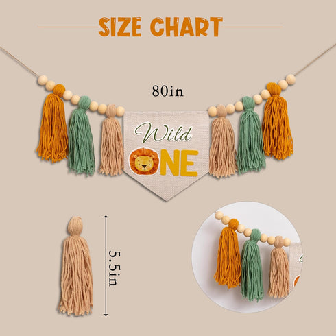 1st Wild One High Chair Banner - Lion Highchair Banner, Safari Animal Theme First Birthday Tassel Banner for Birthday