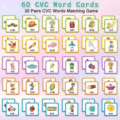 CVC Words Matching Game for Toddlers 3-5, Memory Games for Kids Ages 4-8, Phonics Card Game Flash Cards