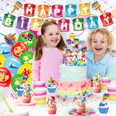 48 Pieces Art Birthday Party Supplies, Colorful Latex Balloons, Birthday Banner, Hanging Swirl Cake Cupcake Toppers for