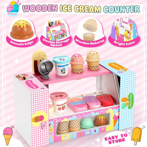 Set, Playset 3 4 5 6 7 8+ INNOCHEER Ice Cream Toy, Wooden Ice Cream Play Pretend Play Kitchen Toys, Ice Cream Toys