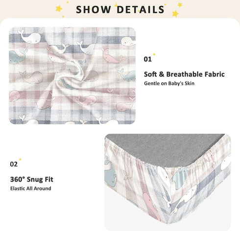 miaozhen 1 Pack 52x28 Cotton Baby Crib Sheets Soft Breathable Manga Whale Plaid Offwhite Toddler Mattresses for Nursery